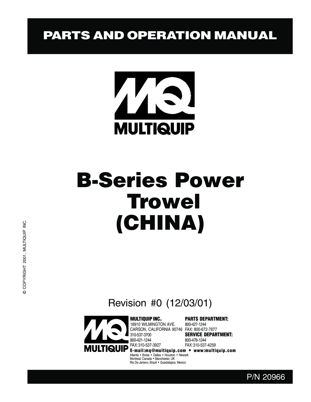 Multiquip J B operation manual Series Power Trowel China 