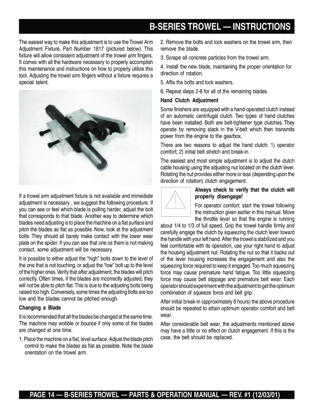 Multiquip J B operation manual Changing a Blade, Hand Clutch Adjustment 