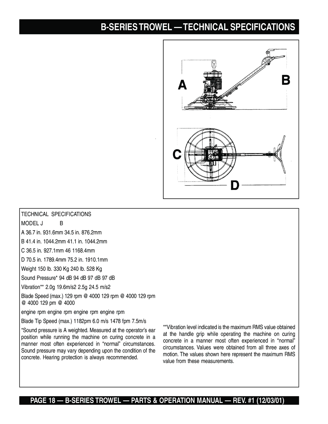 Multiquip J B operation manual Series Trowel Technical Specifications 