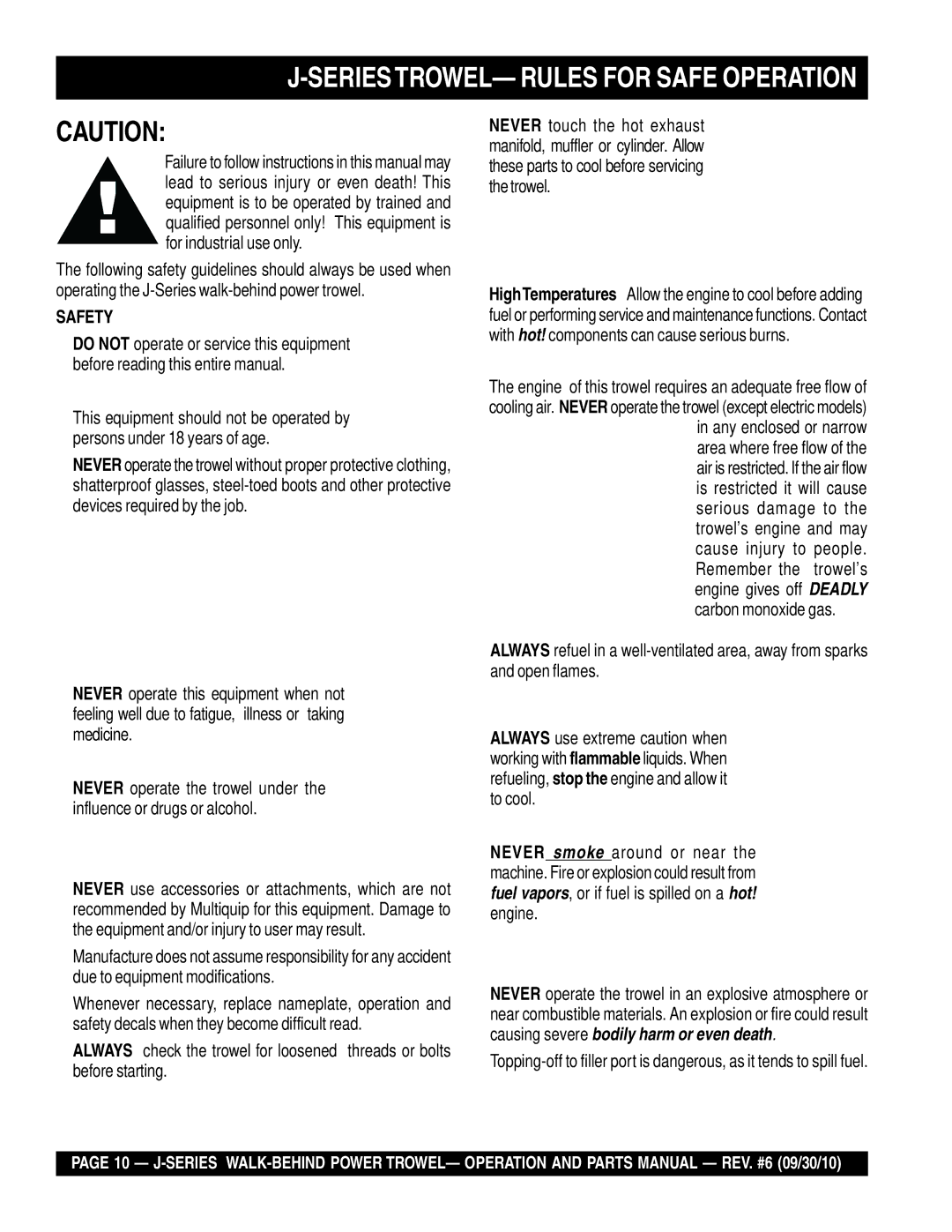 Multiquip J-SERIES manual SERIESTROWEL- Rules for Safe Operation, Safety 