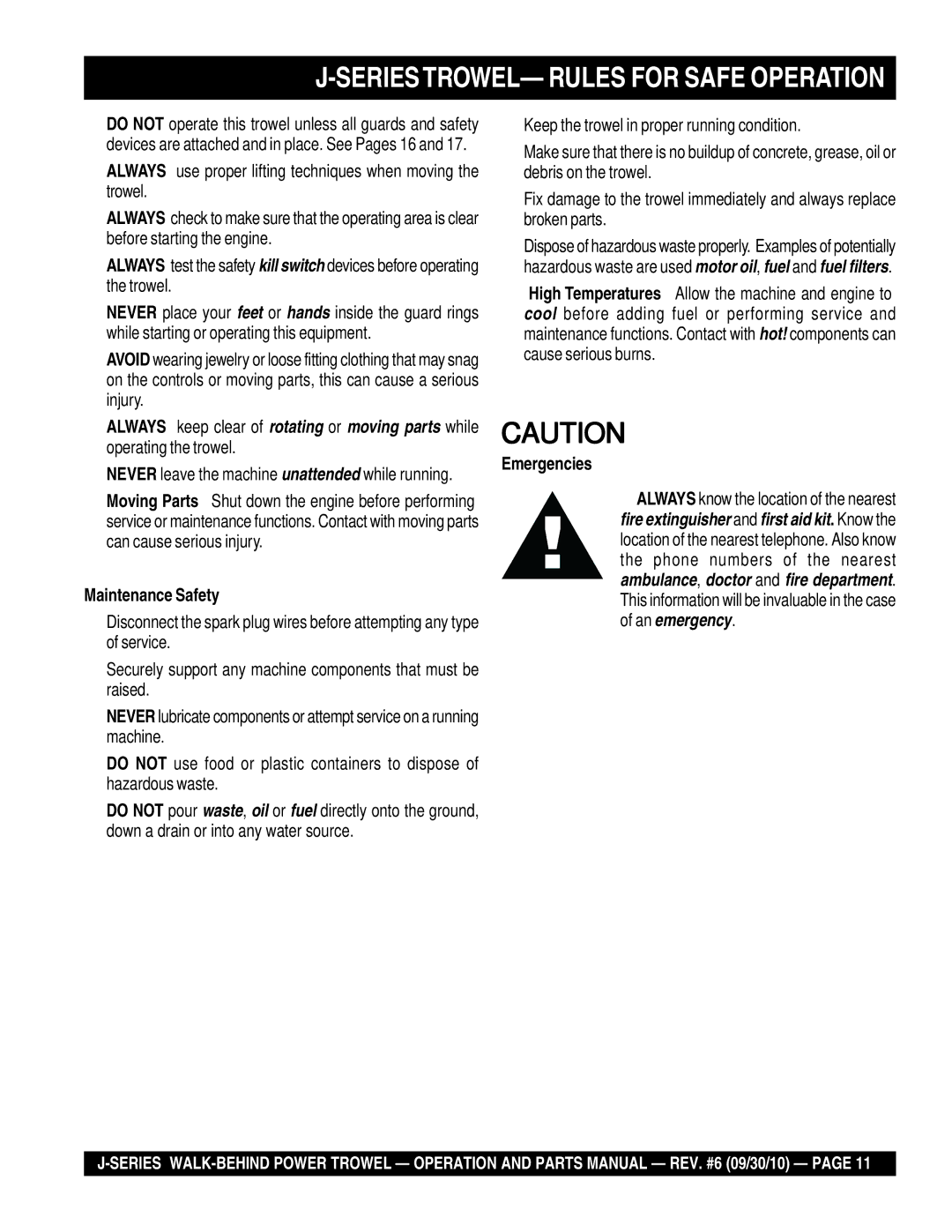 Multiquip J-SERIES manual SERIESTROWEL- Rules for Safe Operation, Maintenance Safety, Emergencies 