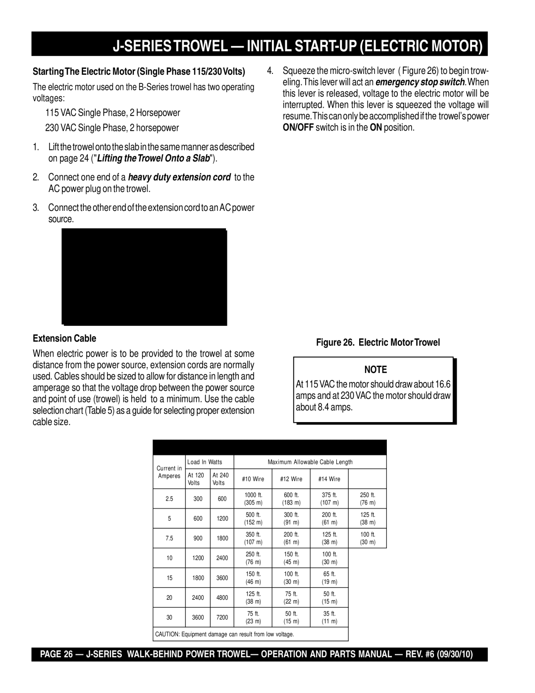 Multiquip J-SERIES manual Seriestrowel Initial START-UP Electric Motor, Extension Cable 