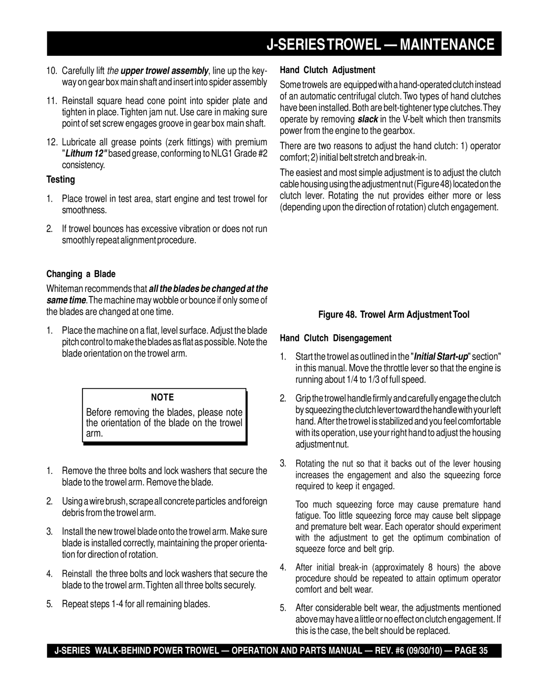 Multiquip J-SERIES manual Testing, Changing a Blade, Hand Clutch Adjustment 