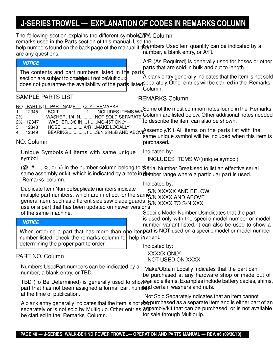 Multiquip J-SERIES manual Seriestrowel Explanation of Codes in Remarks Column, QTY. Column 