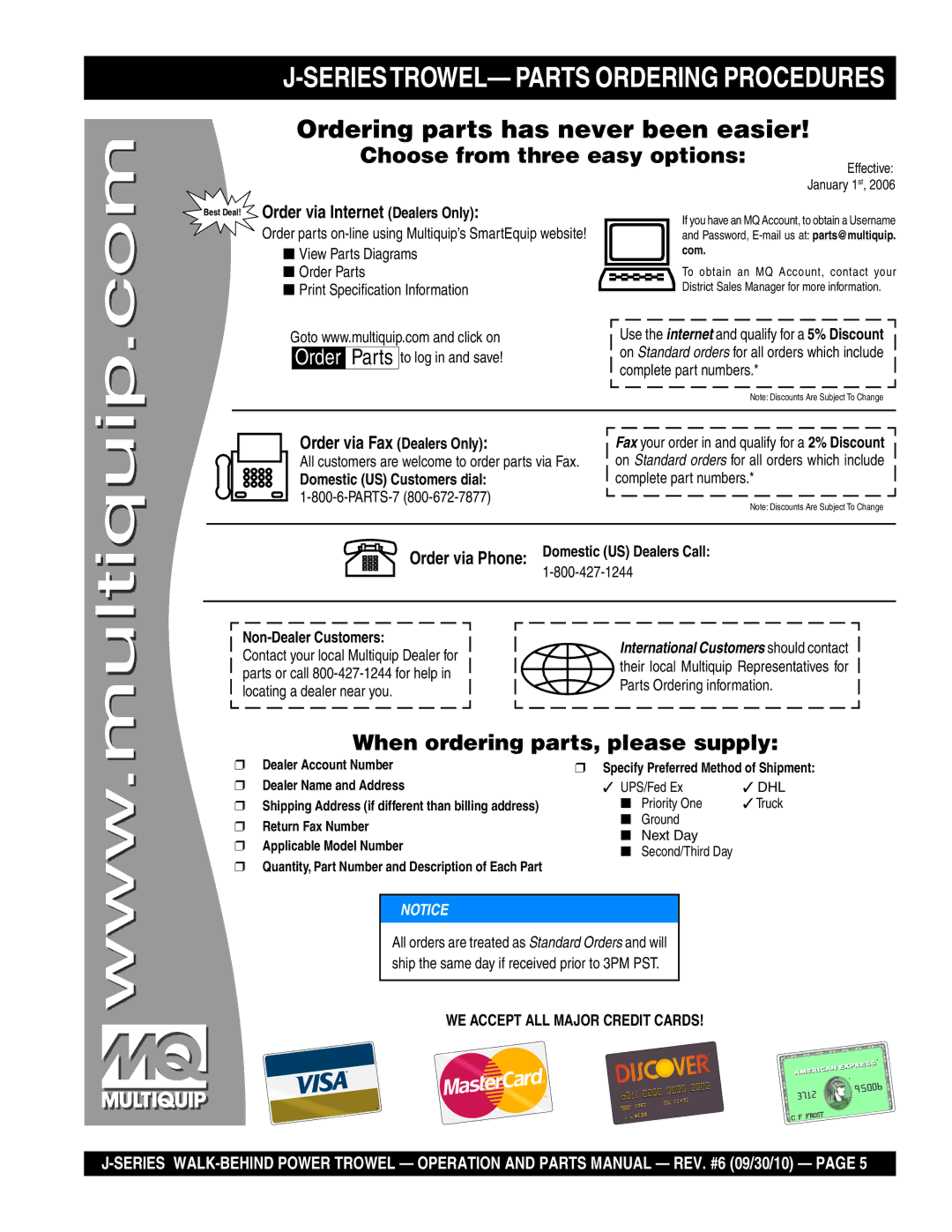 Multiquip J-SERIES manual SERIESTROWEL- Parts Ordering Procedures, Best Deal! Order via Internet Dealers Only 