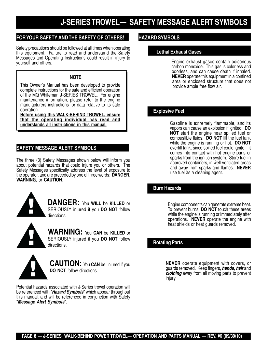 Multiquip J-SERIES manual Series TROWEL- Safety Message Alert Symbols, Foryour Safety and the Safety of Others 