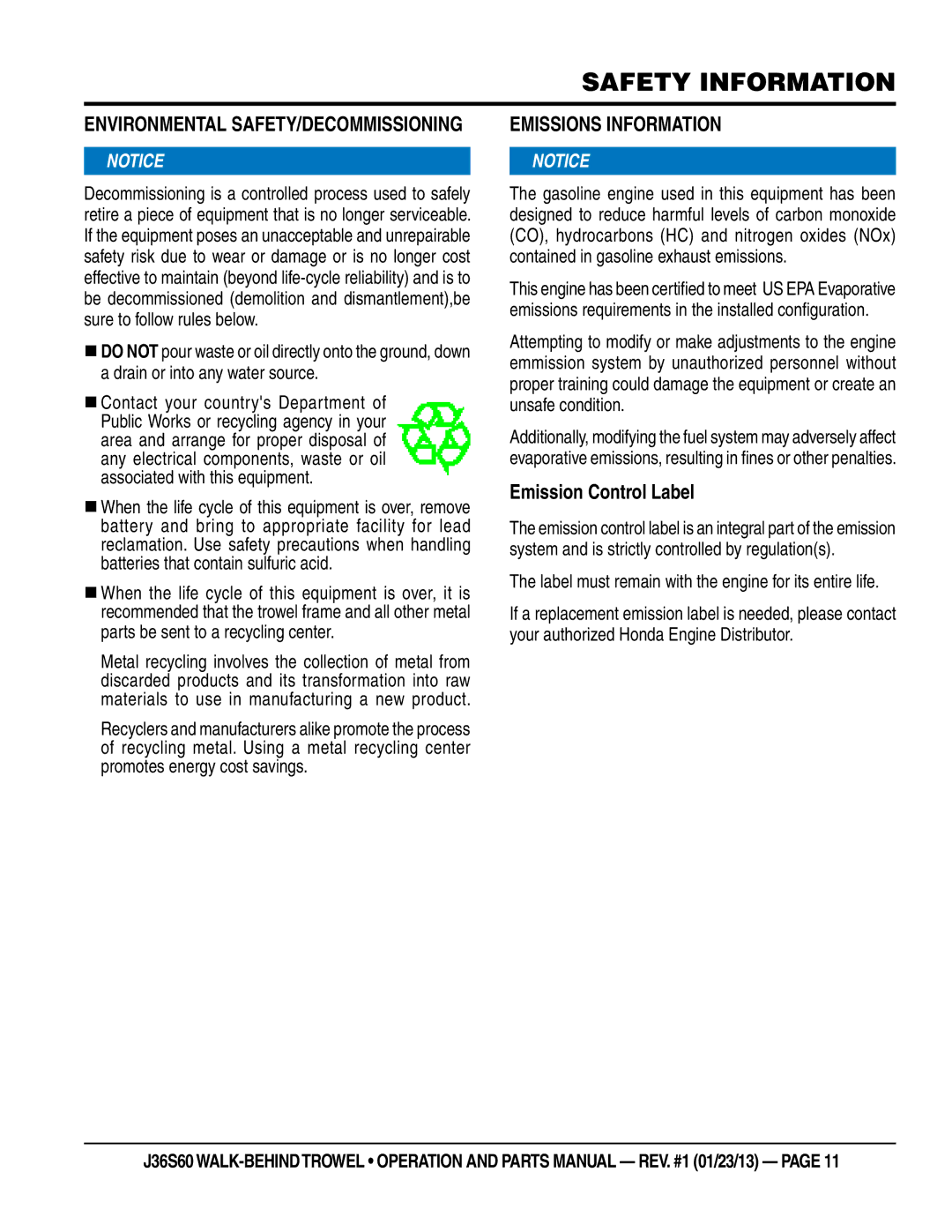 Multiquip J36S60 manual ENvIRONmeNTaL SaFeTy/DeCOmmISSIONINg, EmISSIONS INFORmaTION, Emission Control Label 