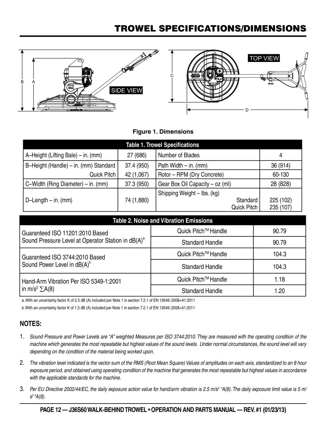 Multiquip J36S60 Trowel SPECIFICATIONS/DIMENSIONS, Guaranteed ISO 37442010 Based, Sound Power Level in dBA b, M/s 2 ∑A8 