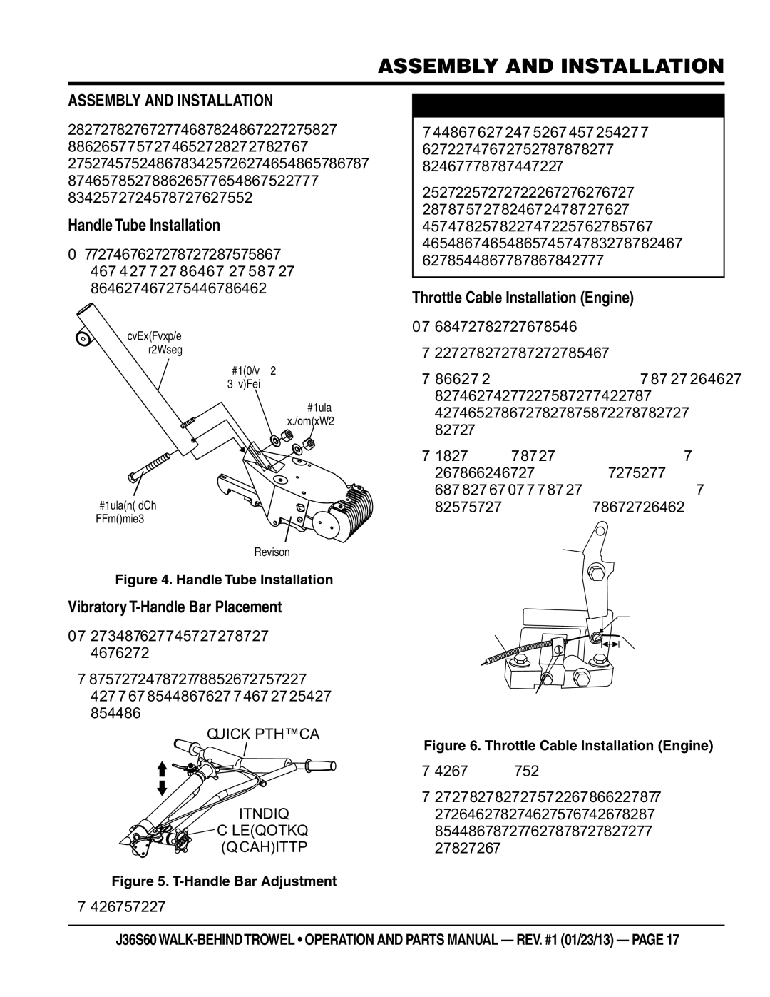 Multiquip J36S60 manual Assembly and installation, Assembly and Installation, Handle Tube Installation 