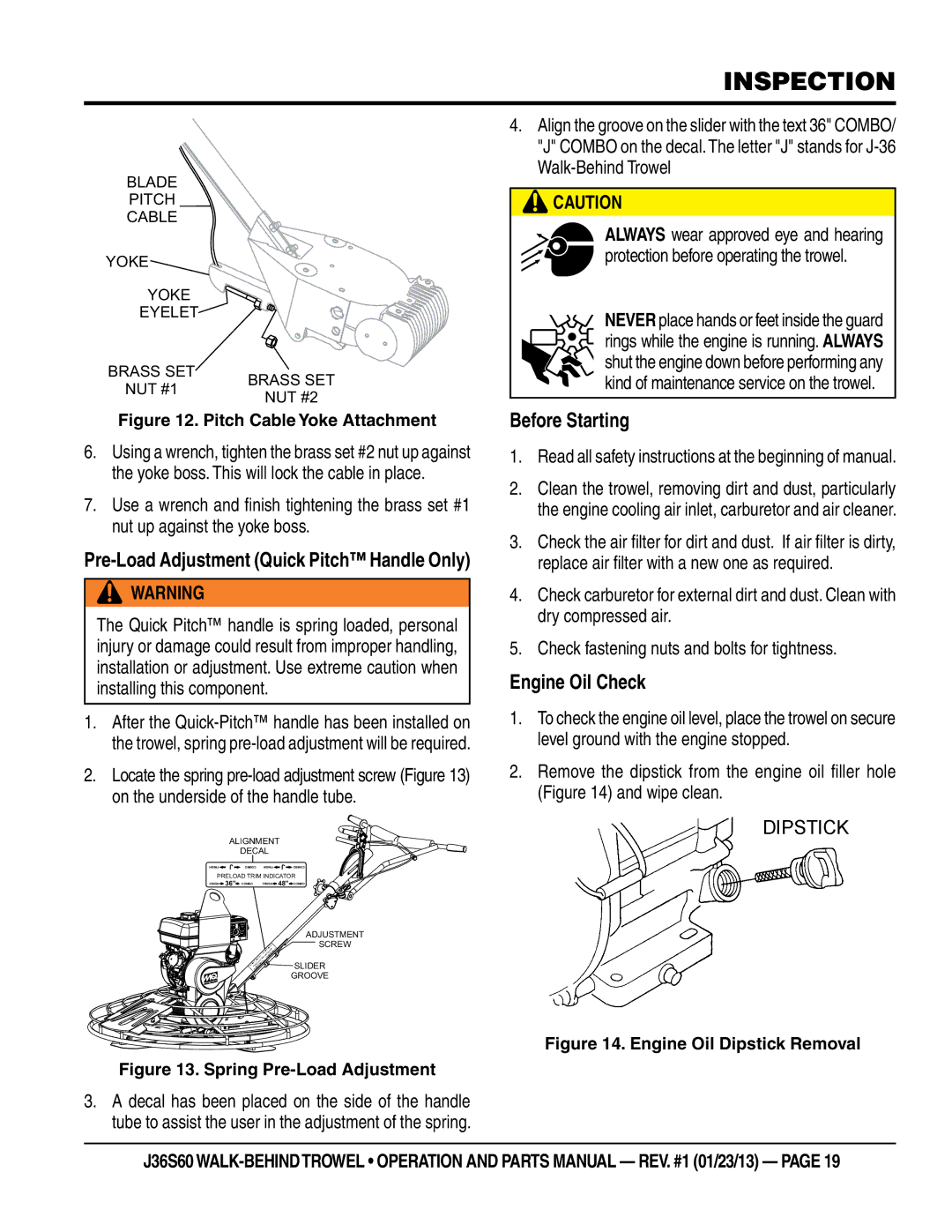 Multiquip J36S60 manual Inspection, Before Starting, Engine Oil Check 