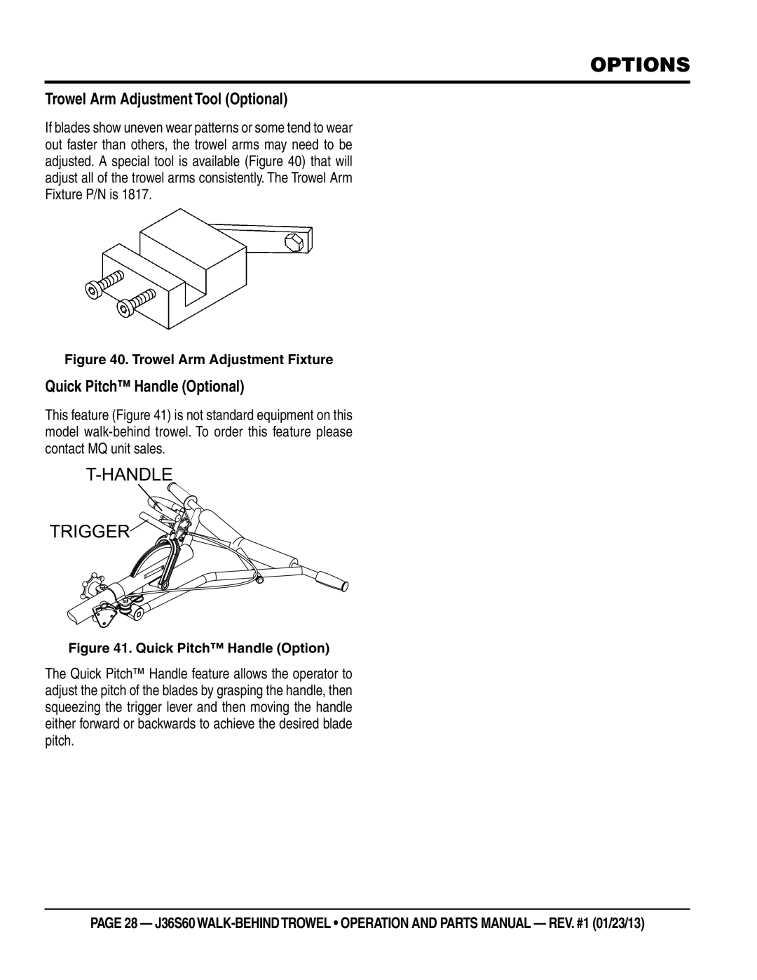 Multiquip J36S60 manual Trowel Arm Adjustment Tool Optional, Quick Pitch Handle Optional 