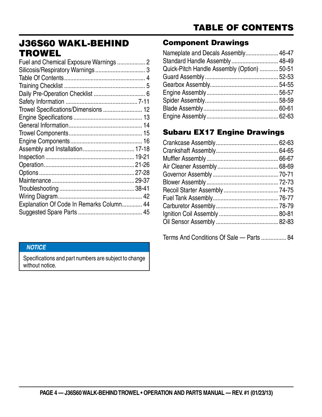 Multiquip manual J36S60 WAKL-BEHIND Trowel, Table of Contents 