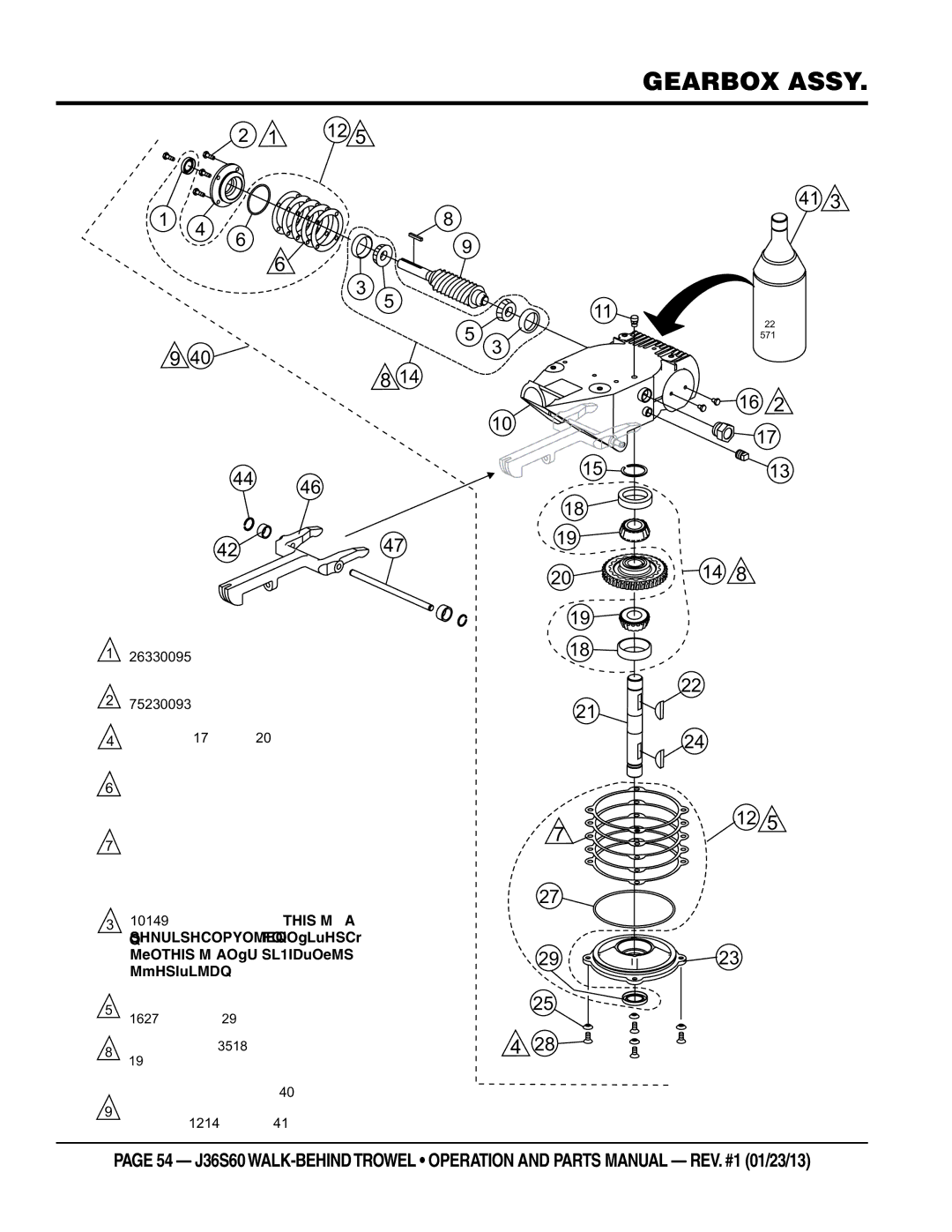 Multiquip J36S60 manual Gearbox Assy, Requires 26 OZ .8 Liters Gearbox Lubricant for Operation 