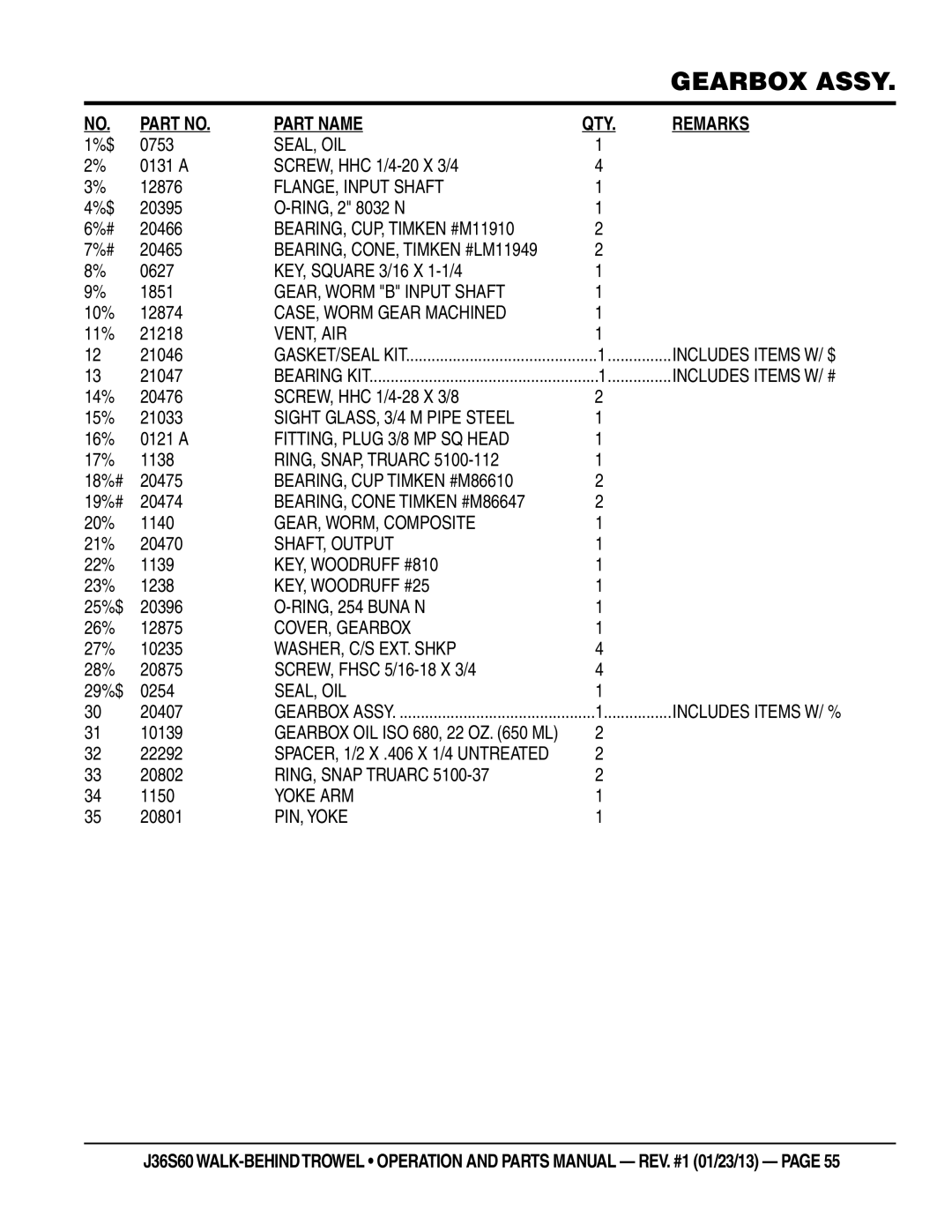 Multiquip J36S60 manual Seal, Oil, FLANGE, Input Shaft, BEARING, CUP, Timken #M11910, GEAR, Worm B Input Shaft, Vent, Air 