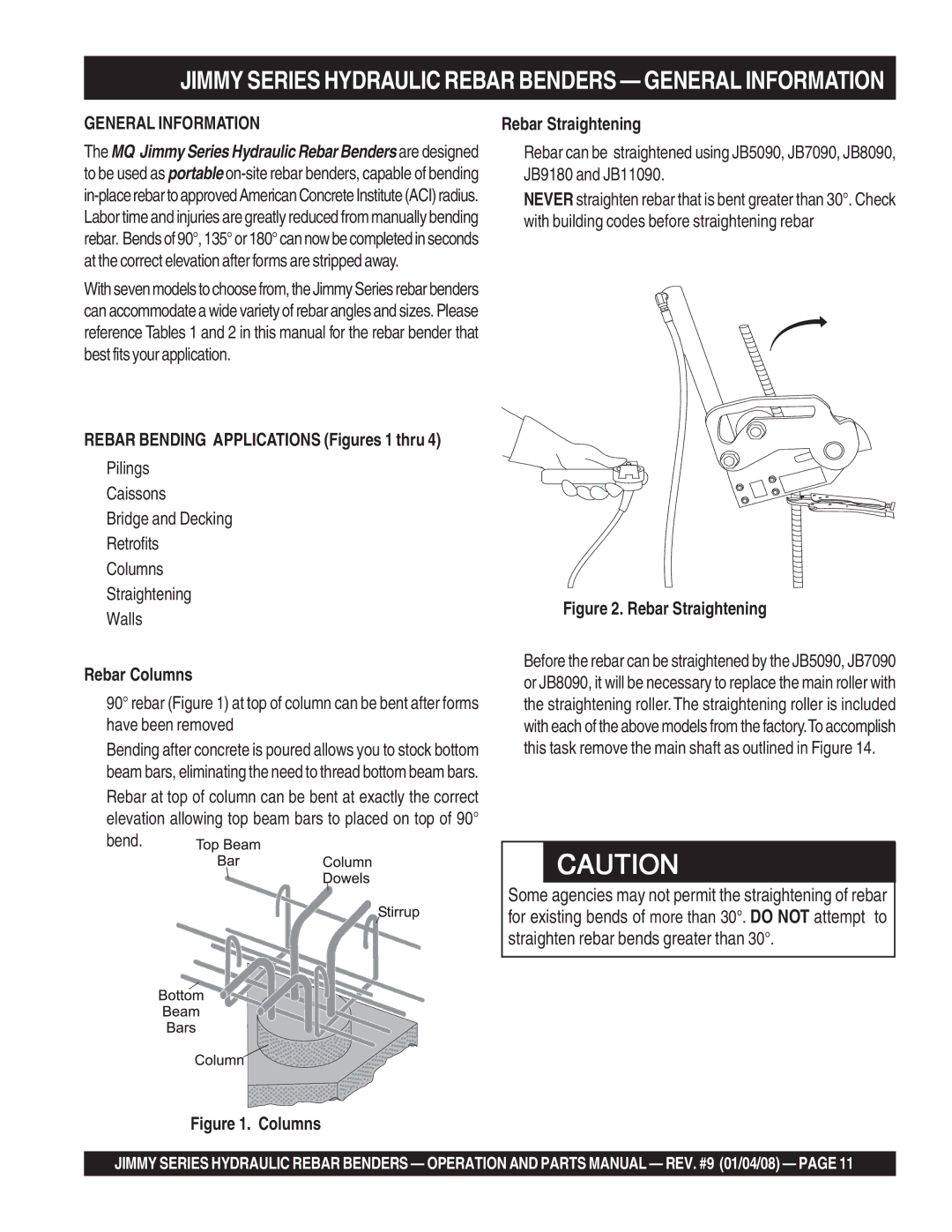 Multiquip JB7135, JPU1, JB5090, JB11090, JB8090, JB5135, JB9180 General Information, Rebar Straightening, Rebar Columns, Bend 