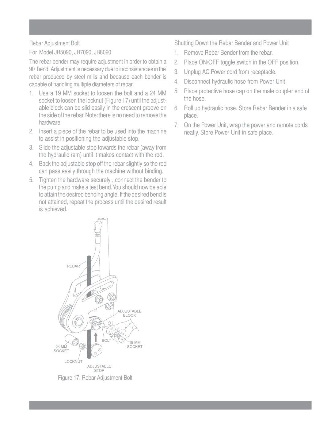 Multiquip JB7135, JPU1, JB11090, JB5135, JB9180 manual Rebar Adjustment Bolt For Model JB5090, JB7090, JB8090 