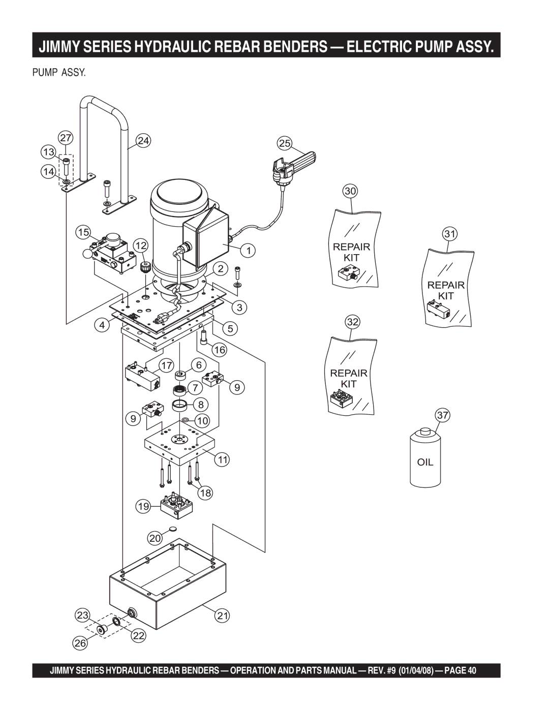 Multiquip JPU1, JB5090, JB11090, JB7135, JB8090, JB5135, JB9180, JB7090 Jimmy Series Hydraulic Rebar Benders Electric Pump Assy 