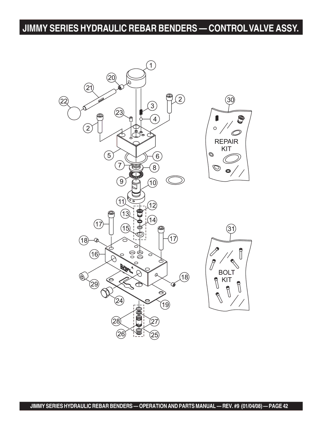 Multiquip JB11090, JPU1, JB5090, JB7135, JB8090, JB5135, JB9180, JB7090 Jimmy Series Hydraulic Rebar Benders Controlvalve Assy 