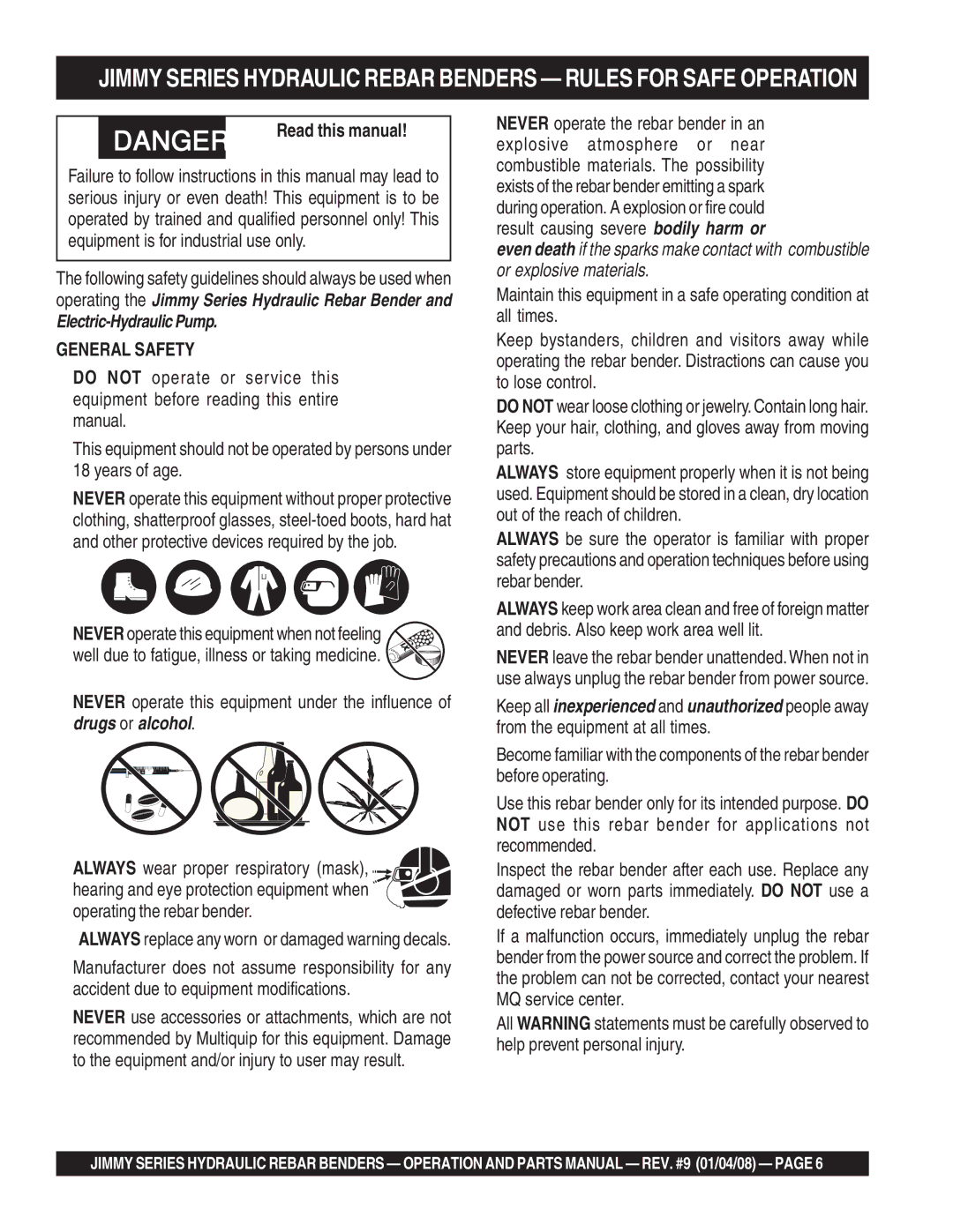 Multiquip JB9180, JPU1, JB5090, JB11090, JB7135, JB8090, JB5135, JB7090 Read this manual, General Safety 