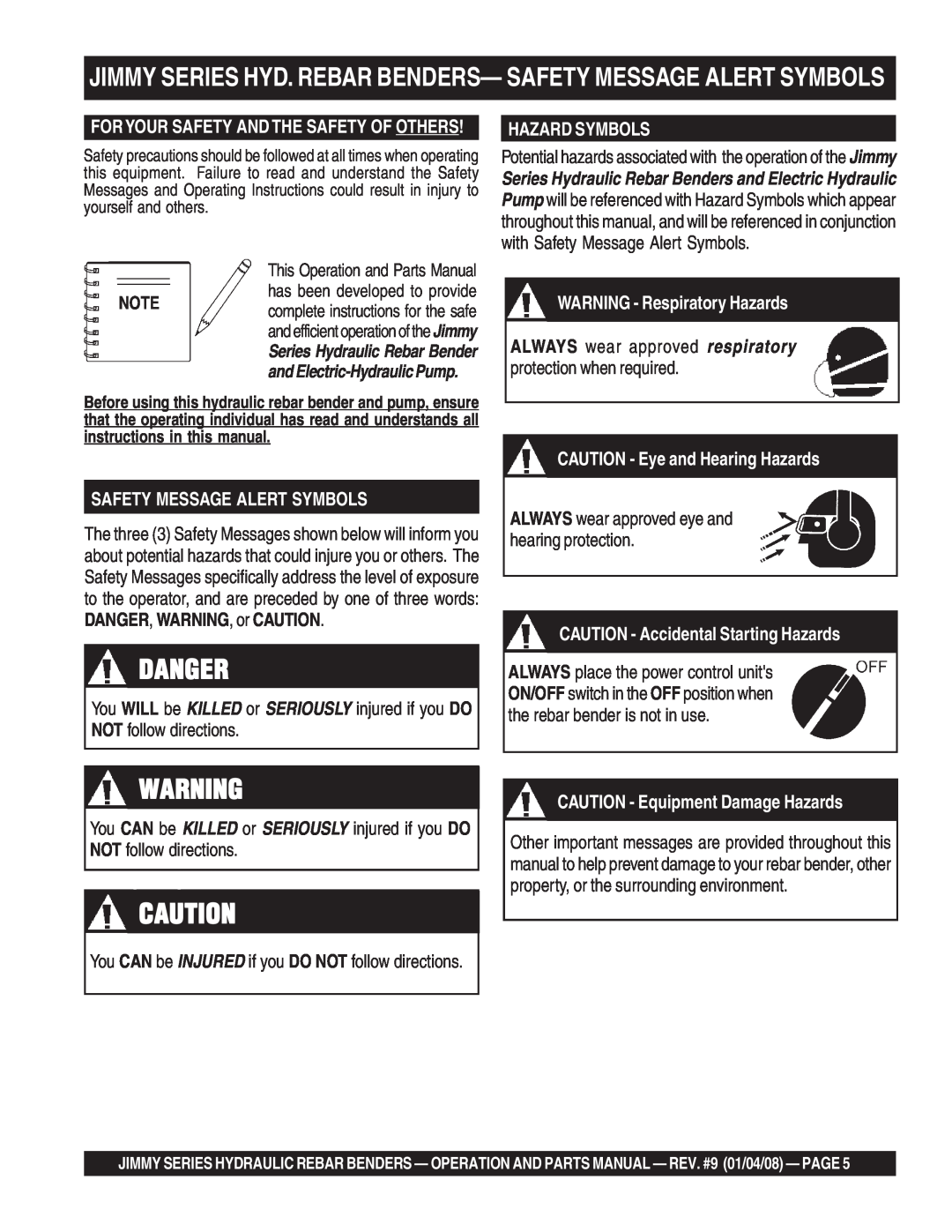 Multiquip JB5135, JPU1, JB5090, JB11090 Danger, Safety Message Alert Symbols, Hazard Symbols, WARNING - Respiratory Hazards 