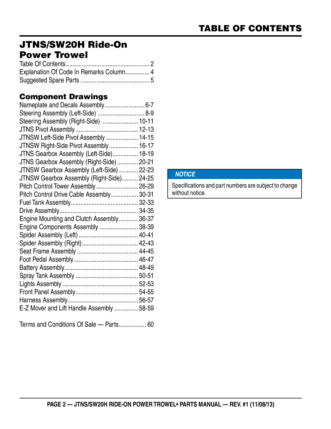 Multiquip JTNS20HTCSL, JTNSW20HTCSL manual JTNS/SW20H Ride-On Power Trowel, Table of Contents 