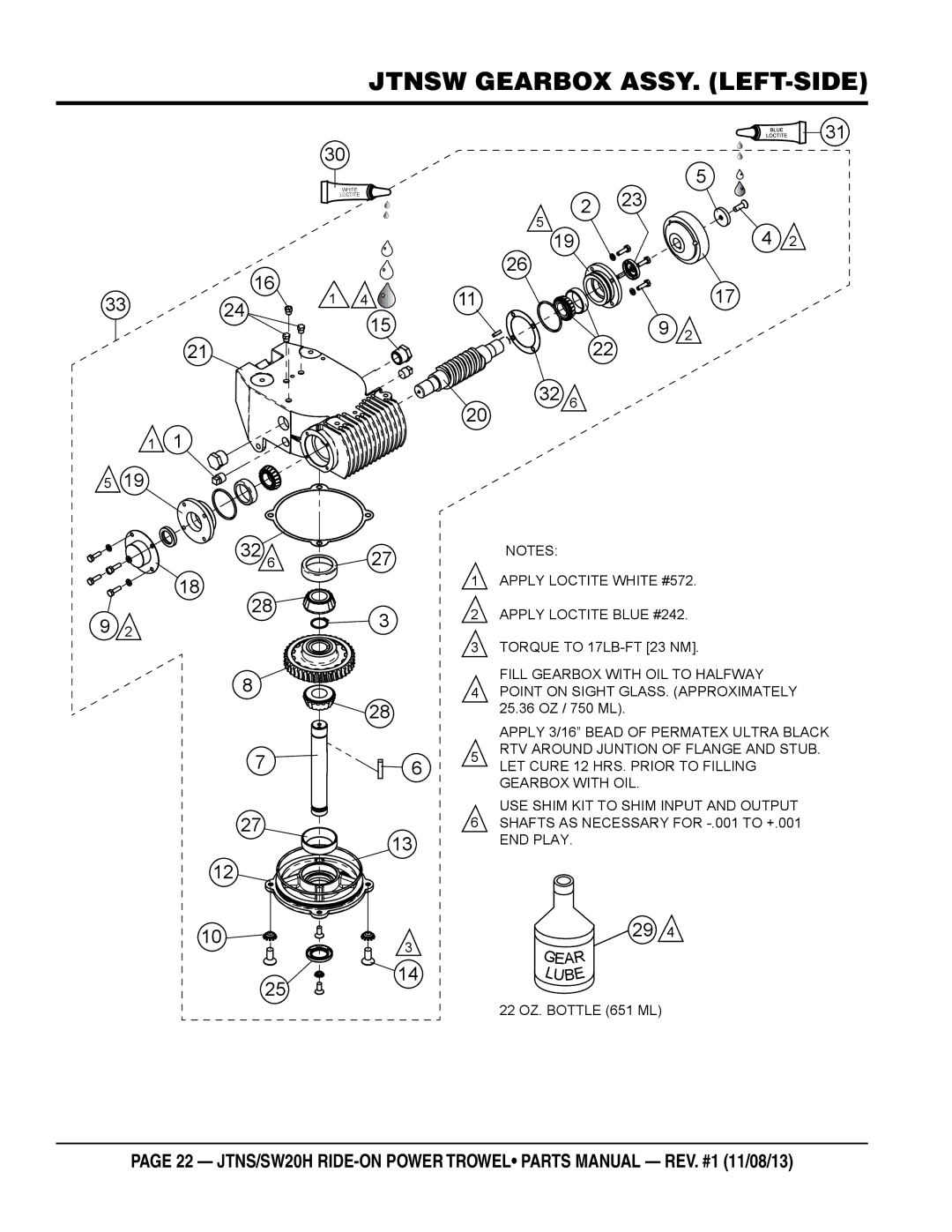 Multiquip JTNS20HTCSL, JTNSW20HTCSL manual Jtnsw gearbox assy. LEFT-SIDE, Apply Loctite White #572 Apply Loctite Blue #242 