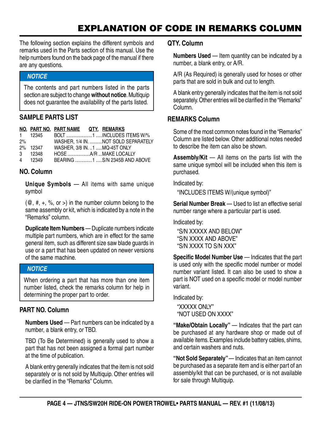 Multiquip JTNS20HTCSL, JTNSW20HTCSL manual Explanation of Code in Remarks Column, Xxxxx only Not Used on 