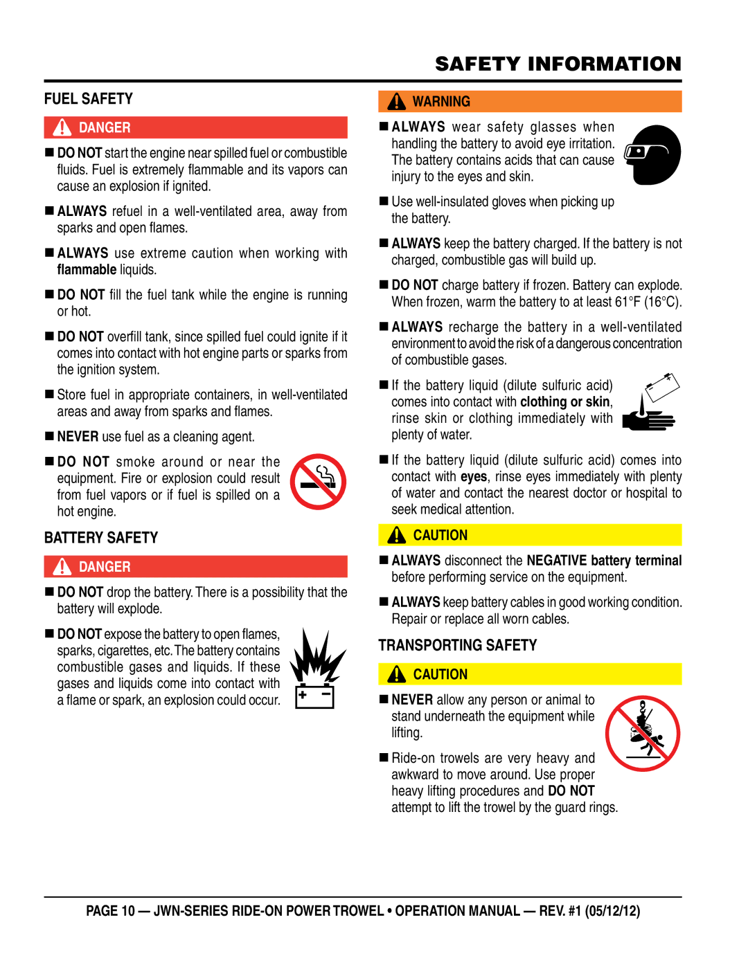 Multiquip jwn24hscsl, jwn24htcsl operation manual FueL SaFeTy, BaTTeRy SaFeTy, TRaNSpORTINg SaFeTy, Lifting 