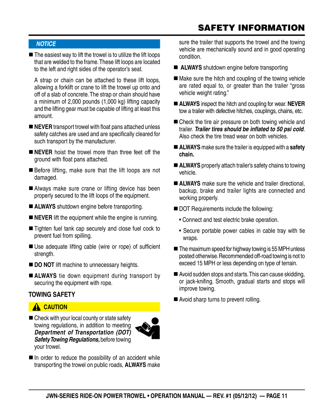 Multiquip jwn24htcsl, jwn24hscsl operation manual TOWINg SaFeTy, „ aLWayS shutdown engine before transporting 