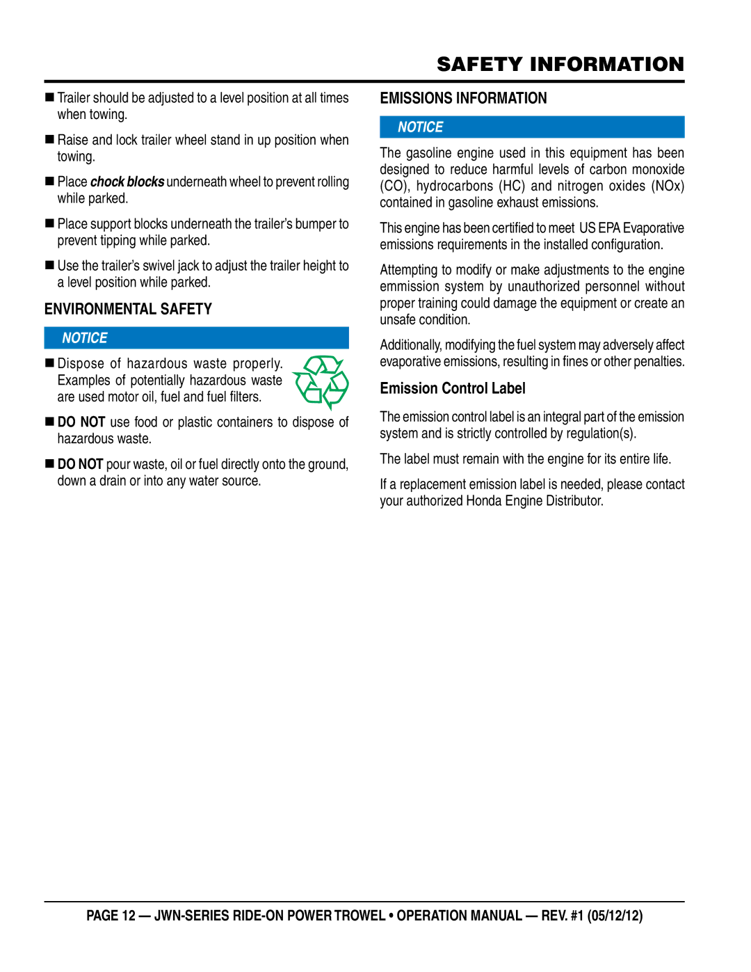 Multiquip jwn24hscsl, jwn24htcsl operation manual ENvIRONmeNTaL SaFeTy, EmISSIONS INFORmaTION, Emission Control Label 