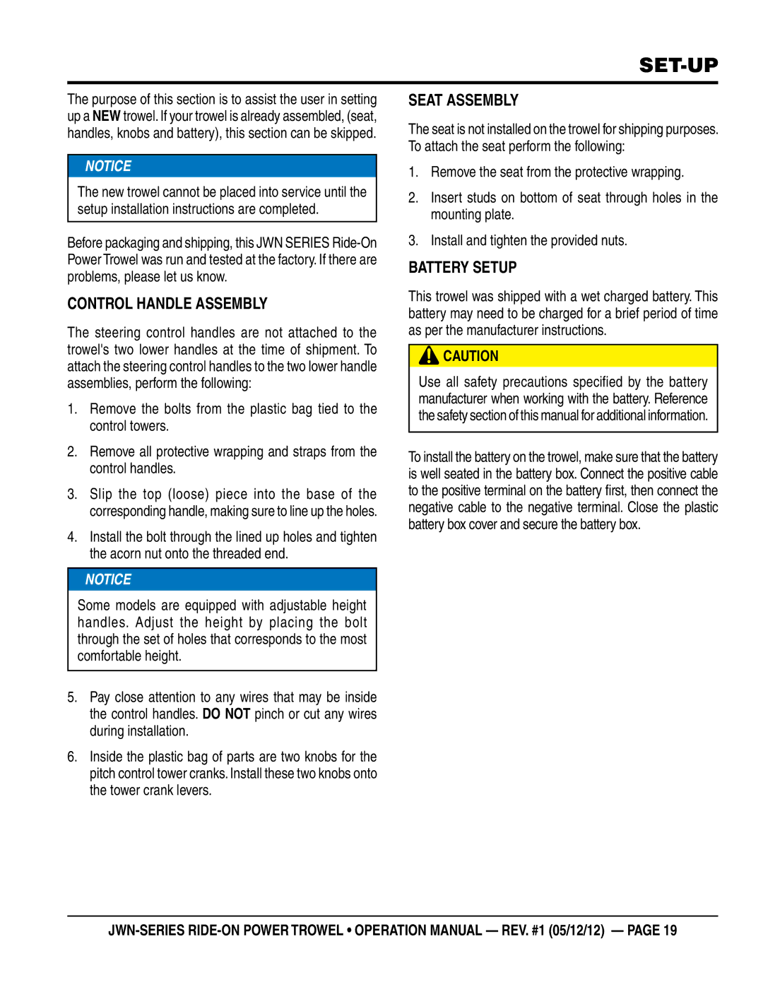 Multiquip jwn24htcsl, jwn24hscsl operation manual Set-up, Control Handle Assembly, Seat Assembly, Battery Setup 