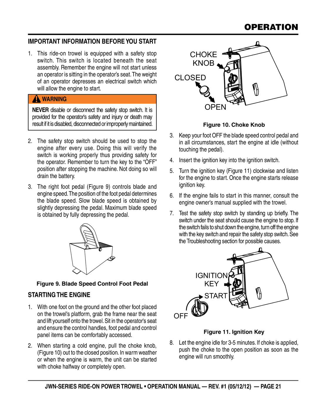 Multiquip jwn24htcsl, jwn24hscsl operation manual Operation, Important Information Before You Start, Starting the Engine 