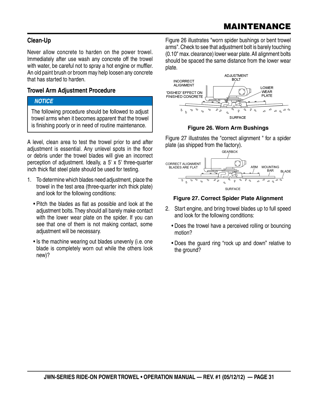 Multiquip jwn24htcsl, jwn24hscsl operation manual Clean-Up, Trowel Arm Adjustment Procedure 