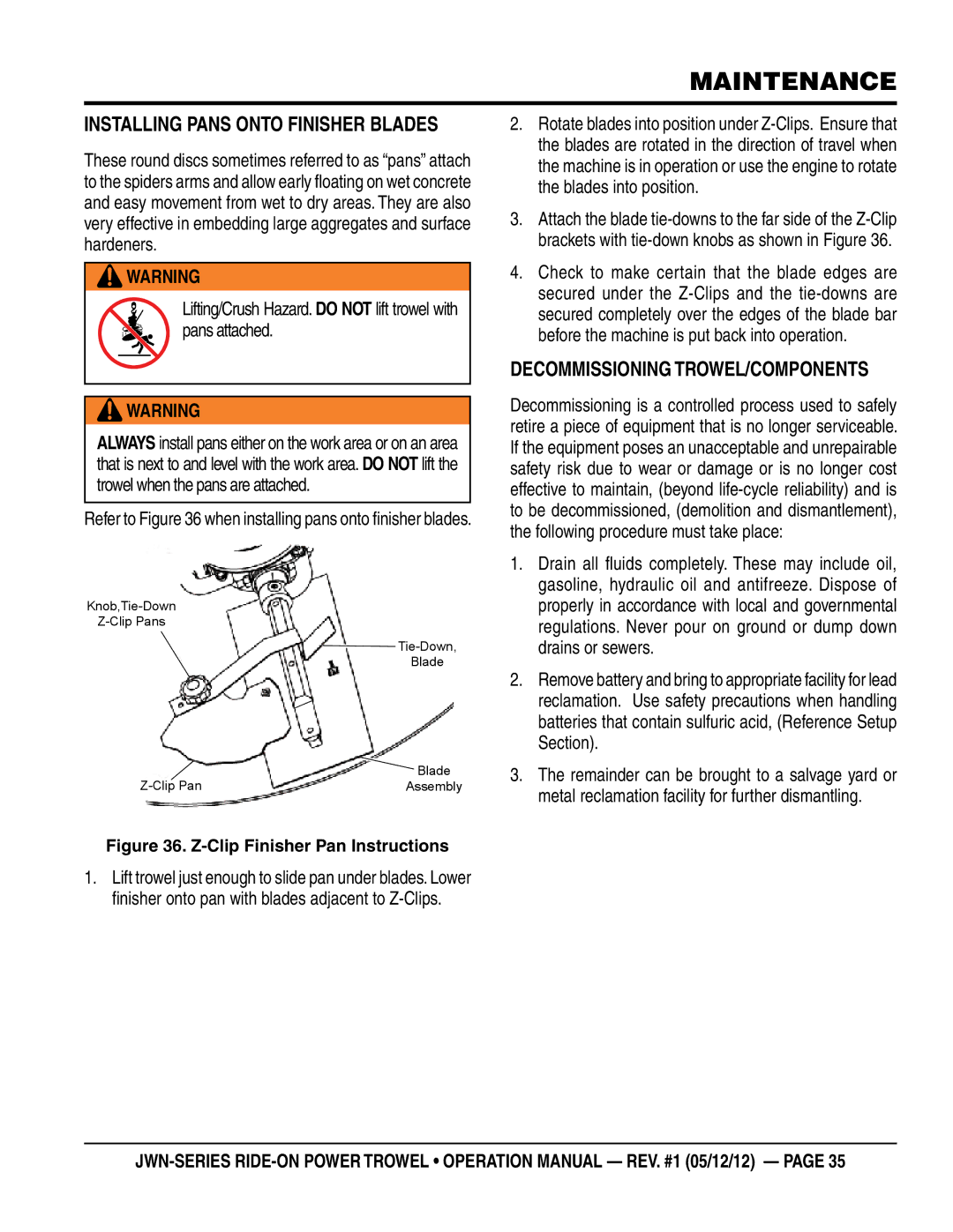 Multiquip jwn24htcsl, jwn24hscsl operation manual Installing Pans Onto Finisher Blades, Decommissioning Trowel/Components 