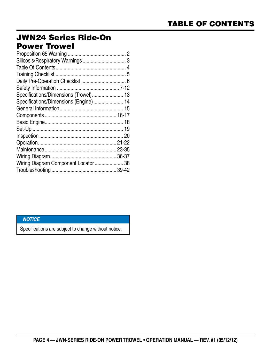 Multiquip jwn24hscsl, jwn24htcsl operation manual Table of Contents, Specifications are subject to change without notice 