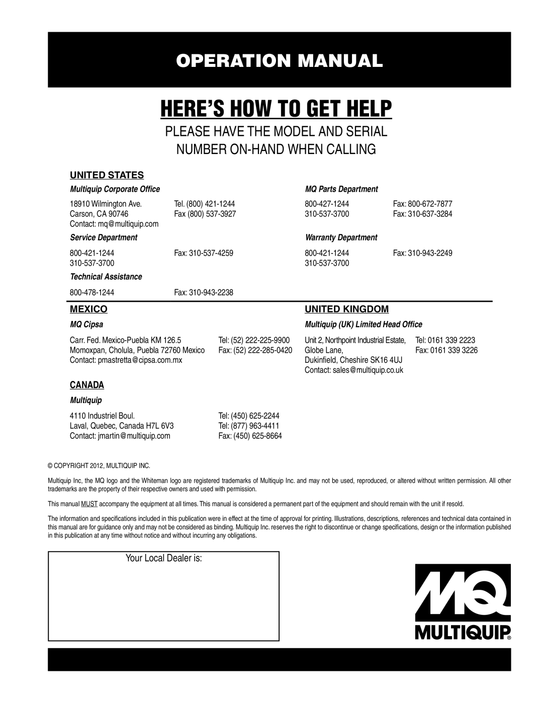 Multiquip jwn24hscsl, jwn24htcsl operation manual HERE’S HOW to GET Help 