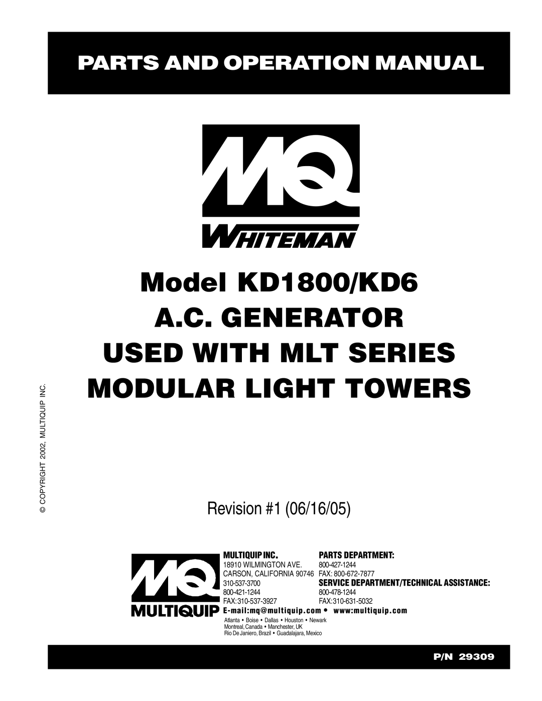 Multiquip KD6, KD1800 operation manual Generator Used with MLT Series Modular Light Towers 