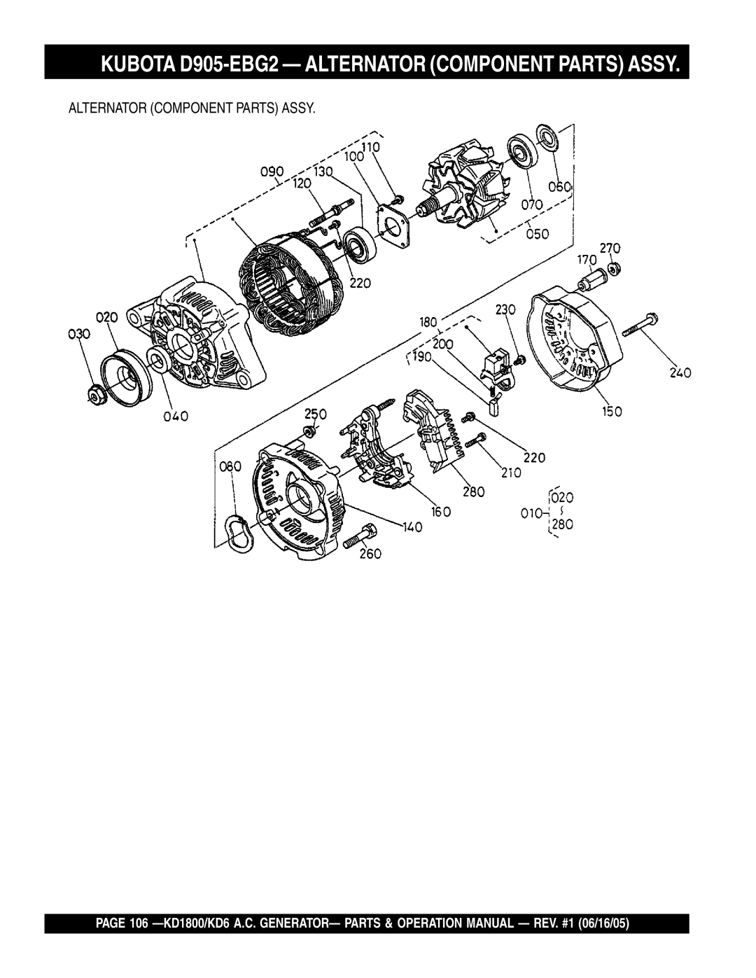 Multiquip KD1800, KD6 operation manual Kubota D905-EBG2 Alternator Component Parts Assy 