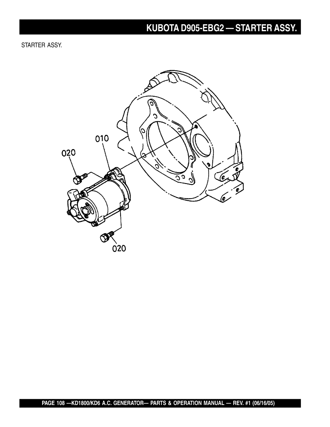 Multiquip KD1800, KD6 operation manual Kubota D905-EBG2 Starter Assy 