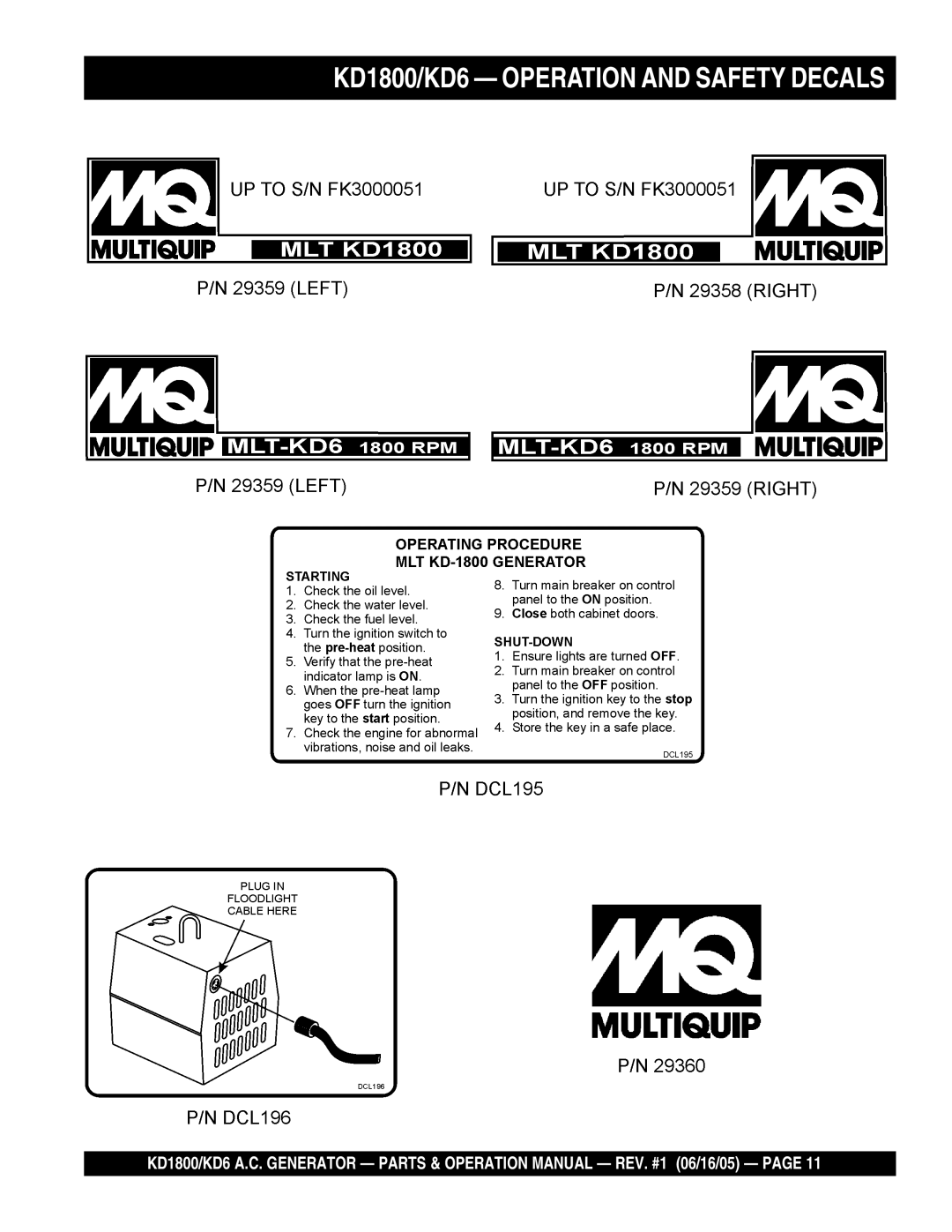 Multiquip operation manual KD1800/KD6 Operation and Safety Decals 