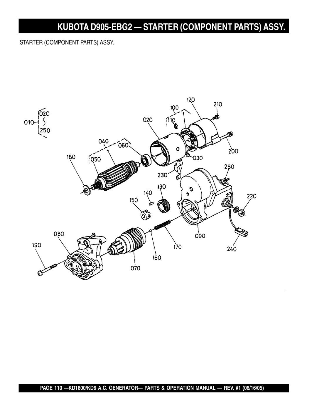 Multiquip KD1800, KD6 operation manual Kubota D905-EBG2 Starter Component Parts Assy 