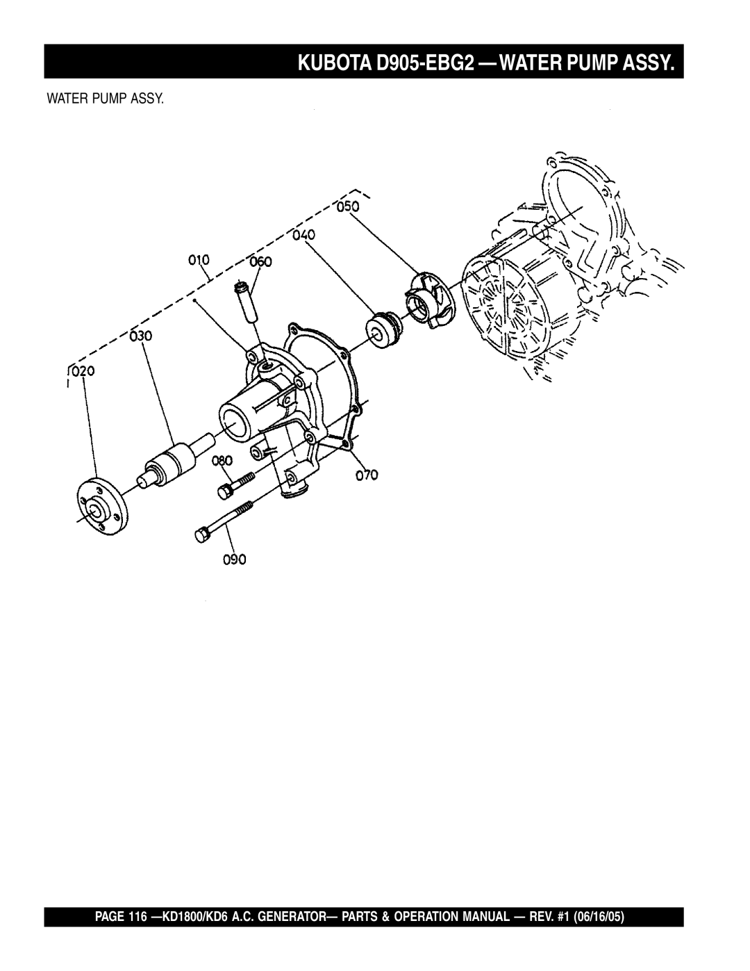 Multiquip KD1800, KD6 operation manual Kubota D905-EBG2 -WATER Pump Assy 