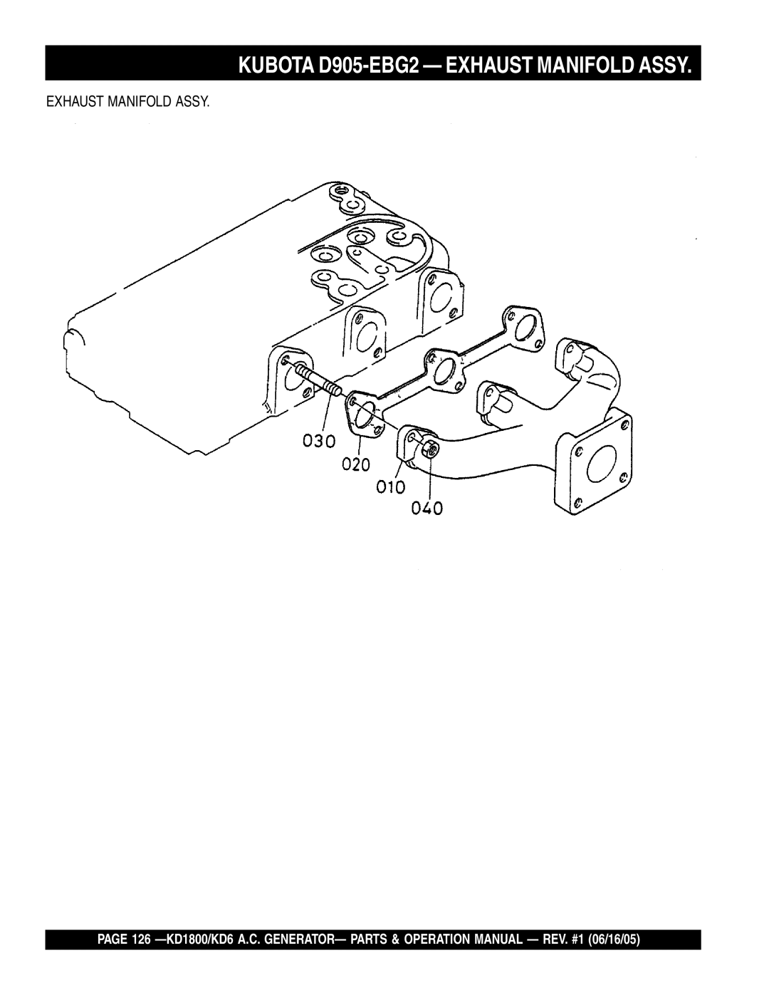 Multiquip KD1800, KD6 operation manual Kubota D905-EBG2 Exhaust Manifold Assy 