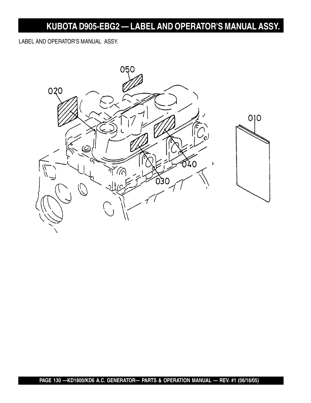 Multiquip KD1800, KD6 operation manual Kubota D905-EBG2 Label and Operators Manual Assy 