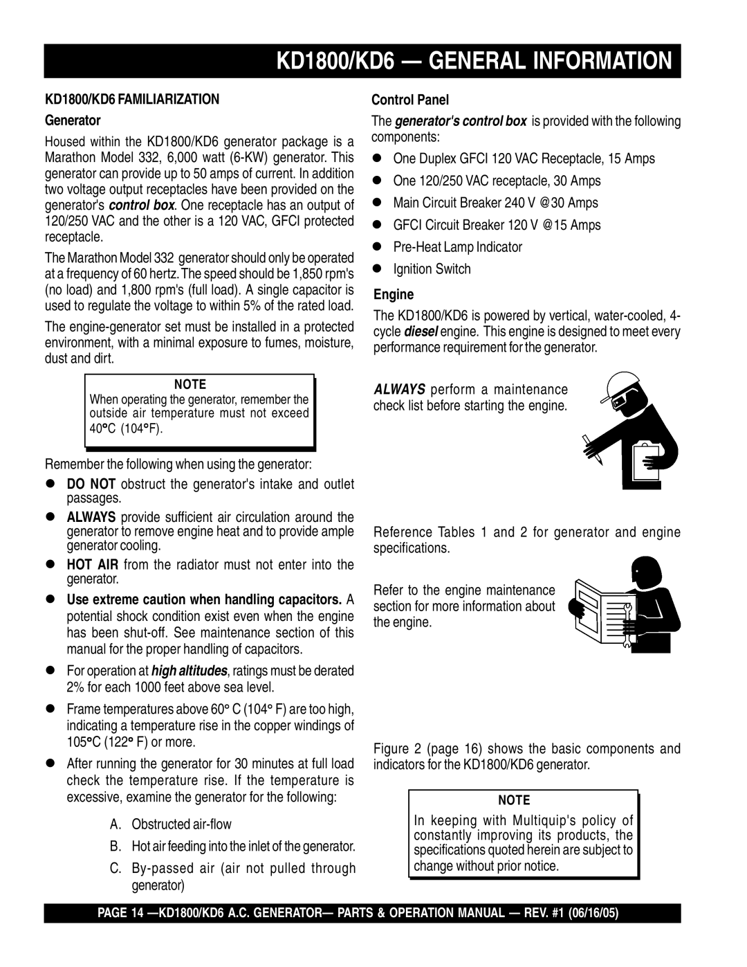 Multiquip KD1800, KD6 operation manual Generator, Control Panel, Engine 