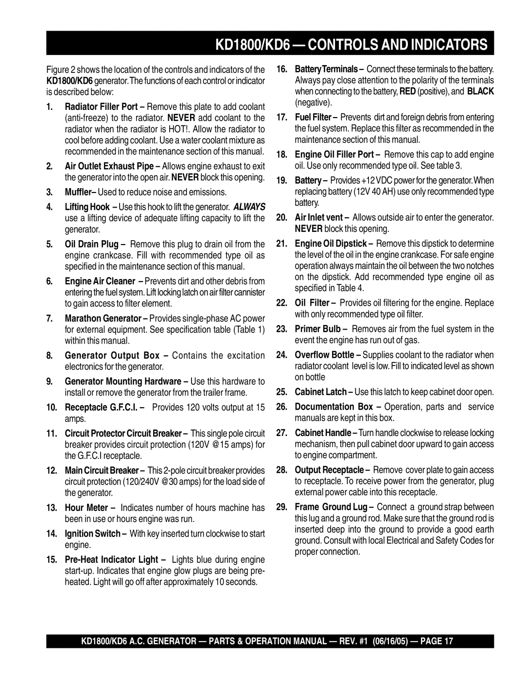 Multiquip operation manual KD1800/KD6 Controls and Indicators 