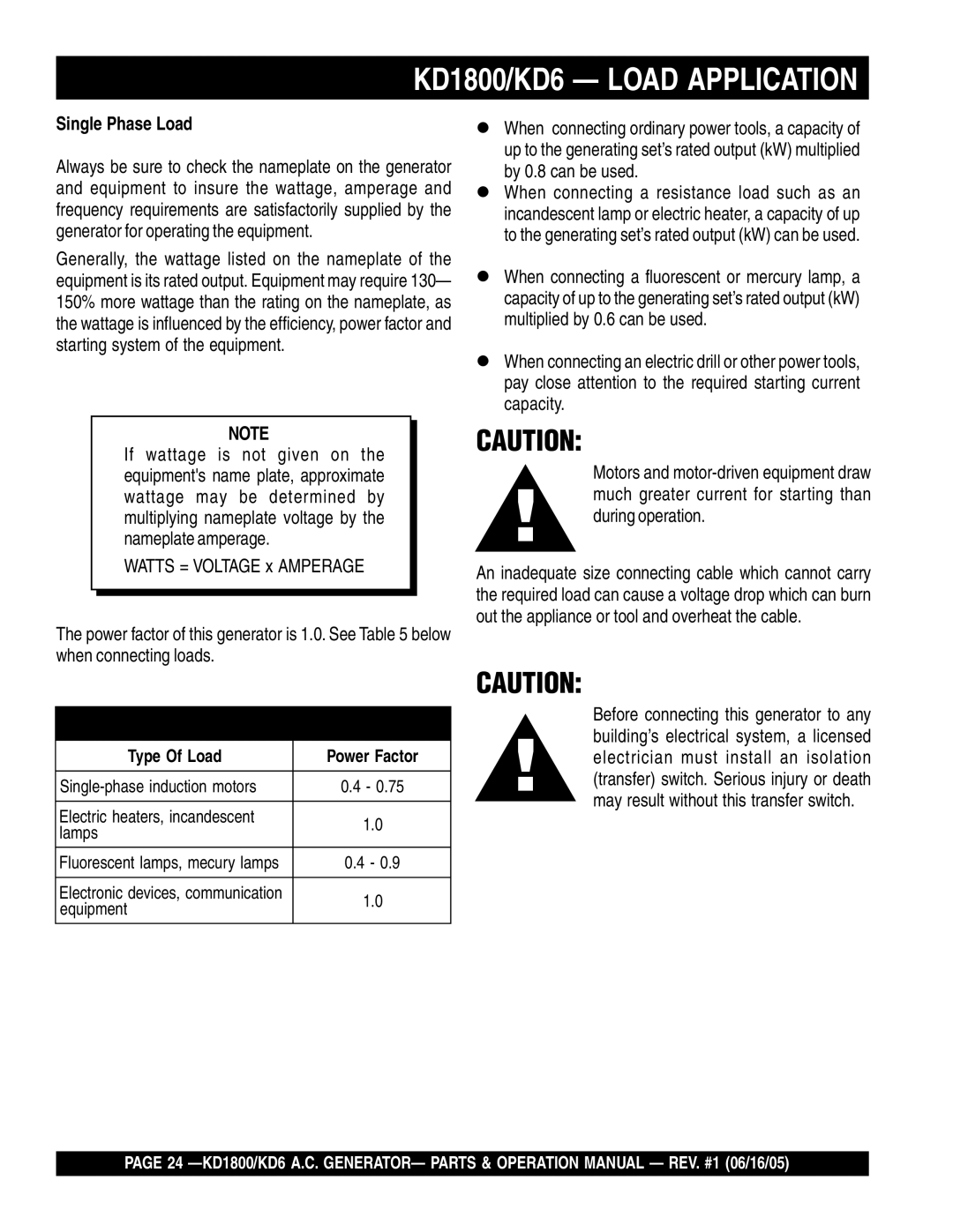 Multiquip operation manual KD1800/KD6 Load Application, Single Phase Load 