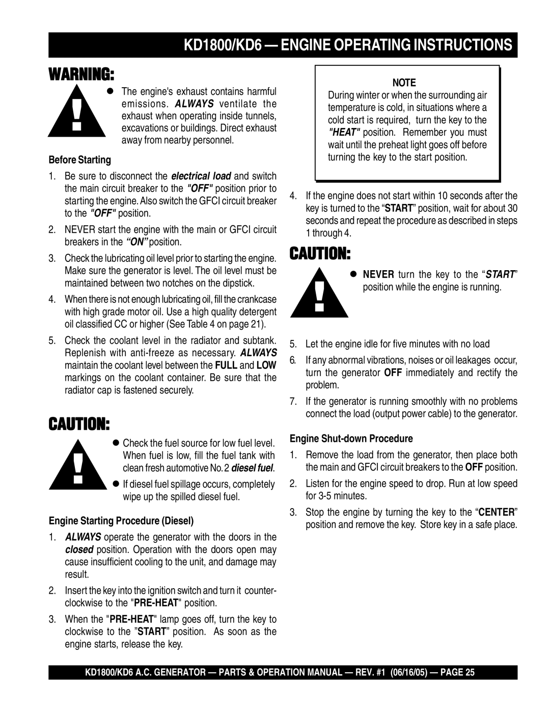 Multiquip KD6, KD1800 operation manual Before Starting, Engine Starting Procedure Diesel, Engine Shut-down Procedure 