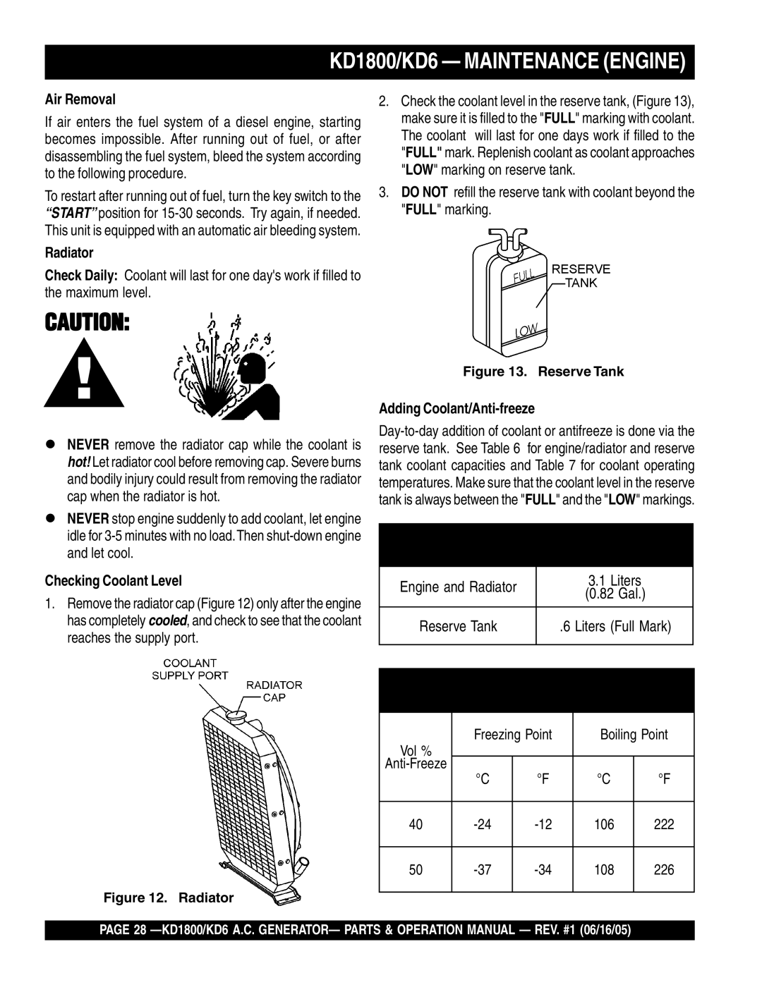 Multiquip KD1800, KD6 operation manual Air Removal, Checking Coolant Level, Adding Coolant/Anti-freeze 