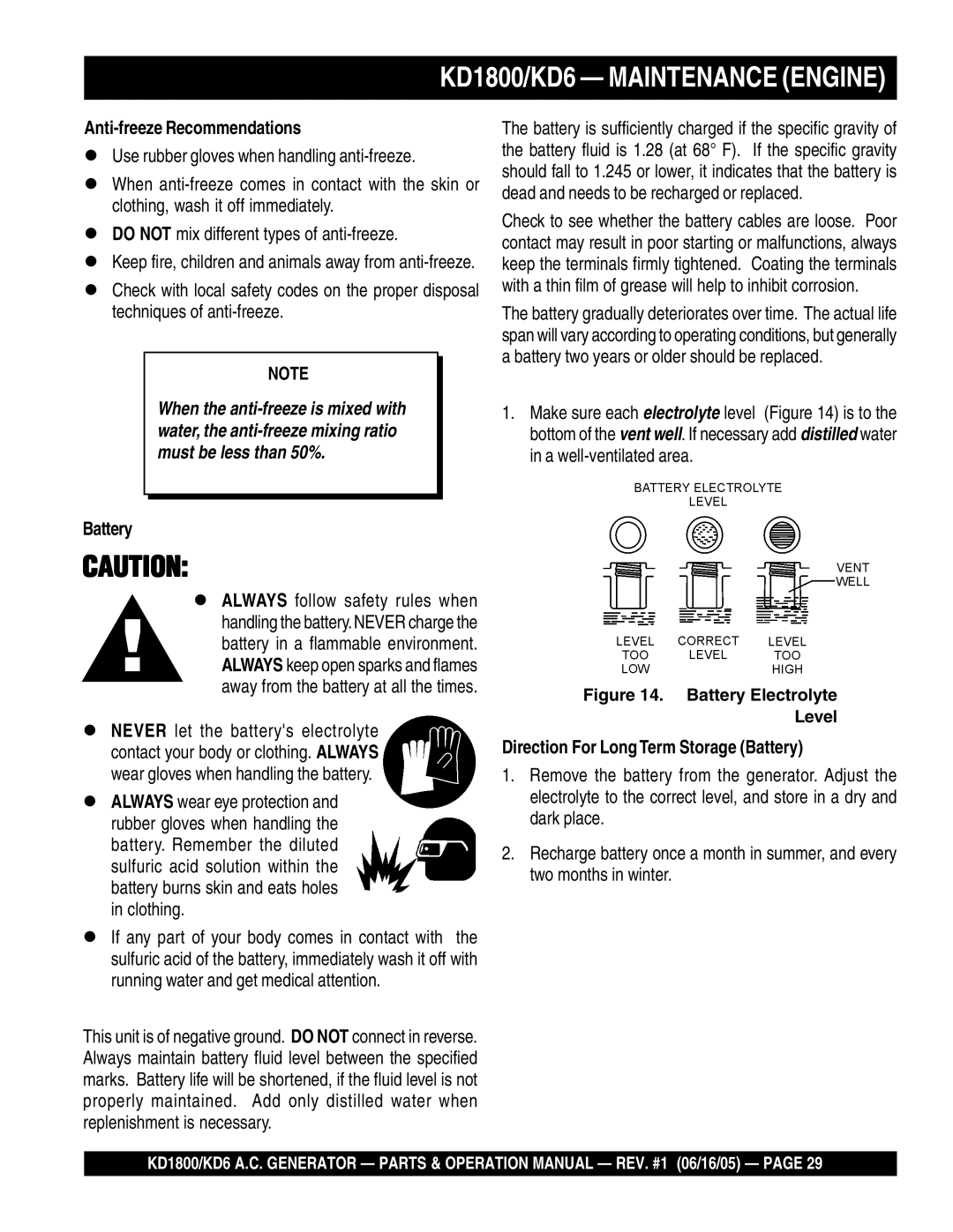 Multiquip KD6, KD1800 operation manual Anti-freeze Recommendations, Direction For LongTerm Storage Battery 